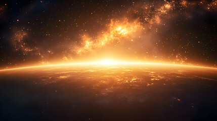 Wall Mural - stunning earth sunrise space view with bright golden light and starry galaxy sky dark stars night