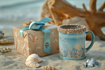 Wall Mural - Ocean-inspired Mother's Day setting with a sea-themed gift box and a shell-encrusted mug on a sandy beach table.