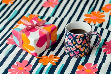 Wall Mural - Playful Mother's Day scene with a brightly colored gift and a fun patterned coffee mug on a bold striped tablecloth.