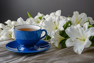 Wall Mural - Regal Mother's Day tea setting with a royal blue teacup and matching saucer, surrounded by an elegant array of white lilies on a silk runner.