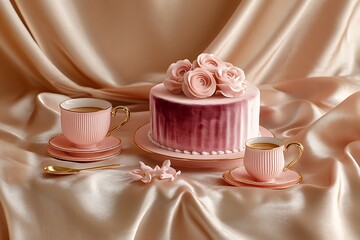 Wall Mural - Romantic Mother's Day setting with a pink velvet cake and matching coffee set on a table draped in satin, creating a love-filled atmosphere.