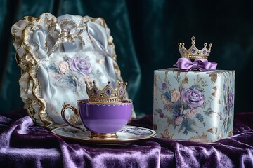Wall Mural - Royal Mother's Day setting with a crown-themed gift and a regal purple teacup on a velvet-covered table.