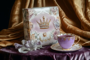 Wall Mural - Royal Mother's Day setting with a crown-themed gift and a regal purple teacup on a velvet-covered table.