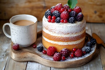 Wall Mural - Rustic Mother's Day celebration with a homemade sponge cake garnished with fresh berries and a simple mug of coffee on an aged wood table.