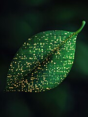 Poster - Green leaf transforming into digital pixels showcasing the harmony of nature and technology in a modern environment