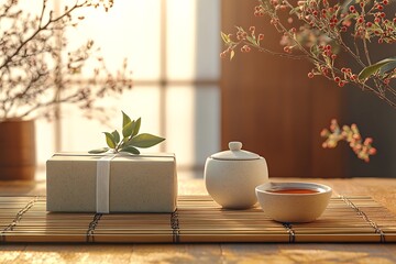Wall Mural - Serene Mother's Day morning with a zen garden gift set and a minimalist ceramic tea set on a bamboo mat.
