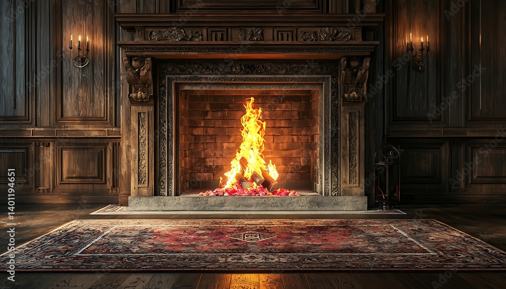 Roaring Fire in Large Traditional Fireplace with Empty Mantle, 3D ...