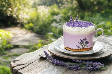 Wall Mural - Serene Mother's Day afternoon with a lavender-infused cake and a vintage tea cup set on a rustic wooden table overlooking a garden.