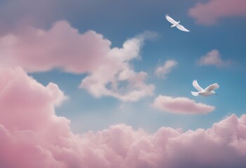 Wall Mural - bird sky blue foreground white pink flying painting background clouds outdoors smoke person art crea