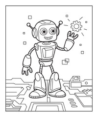 Robot coloring page for kids, black line art vector illustration on white background 