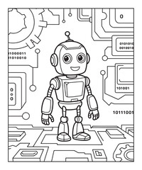 robot coloring page for kids, black line art vector illustration on white background