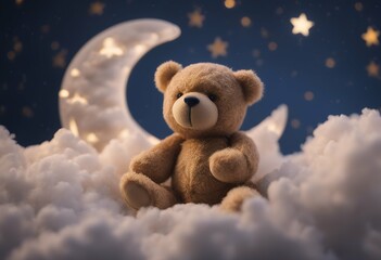 Wall Mural - teddy sleeping starry glowing moon bear night crescent clouds fluffy white space background universe