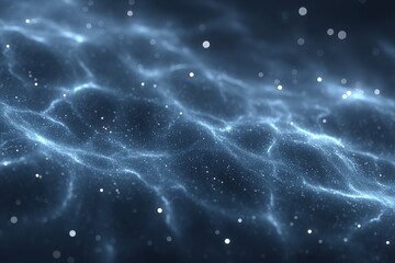 Wall Mural - electric blue waves ripple through an ethereal space filled with glowing particles at night