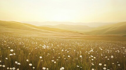 Fototapete - Rolling hills adorned with tiny flowers create a serene landscape in muted earth tones during golden hour in Lapki spirit