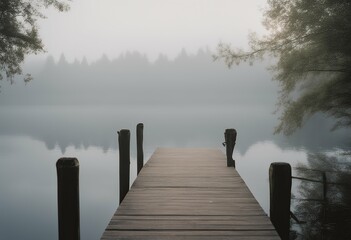 Wall Mural - dock foggy morning standing lake moody weather mist wild landscape view travel boat wallpaper nobody