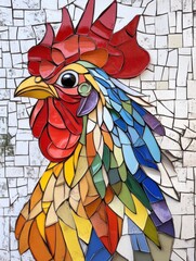 Fototapete - Colorful rooster in full profile with vibrant feathers and detailed comb on a clean white background showcasing artistic craftsmanship