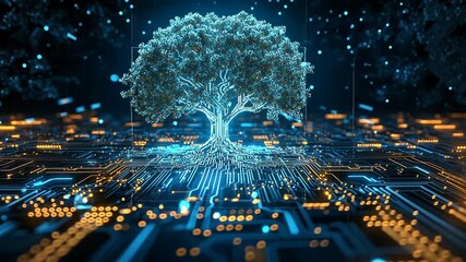 Digital Transformation: Tree Roots on Circuit Board, Symbolizing Growth and Innovation