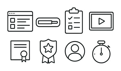 Set of eight outline icons representing web design elements and tools.