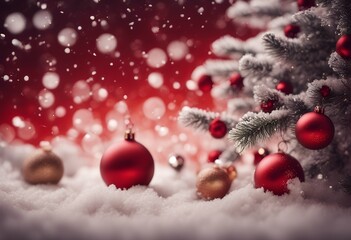 Wall Mural - christmas red fall abstract tree background snow bright card decorate gold bokeh blur celebration holiday happy celebrate banner glowing light festive luxury blurry design new glistering decoration