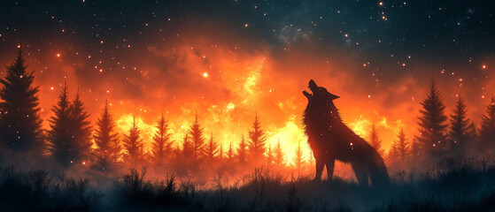 Naklejka na meble A Lone Wolf's Howl: A lone wolf's silhouette against the vivid, fiery backdrop of a forest fire and a star-filled sky.
