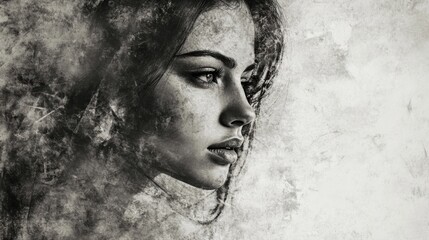 Poster - Elegant black and white engraved portrait of a young woman capturing a timeless expression in classic style