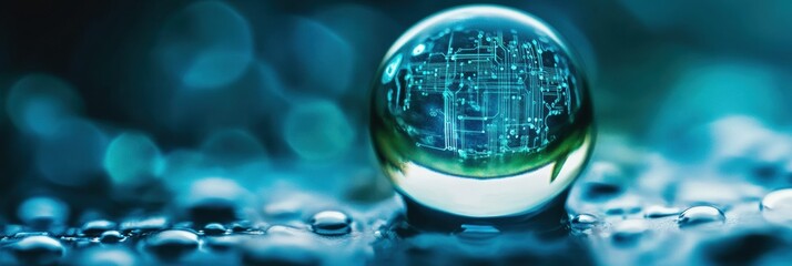 Fototapete - Macro water droplet reflects digital circuit symbolizing harmony between nature and technology over droplets on a surface