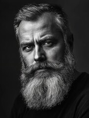 Poster - Portrait of a man with a thick beard captured in high-contrast black and white in a studio setting, featuring dramatic lighting