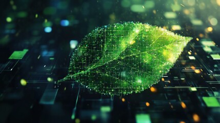 Poster - Green leaf transforming into digital pixels represents the fusion of nature and technology in a modern landscape