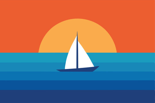 sunset gradient behind sailboat on horizon vector illustration