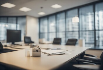 Wall Mural - modern interior office light abstract background business blurred bokeh desk indoor furniture space architecture meeting window design employee blur floor chair center empty building white table
