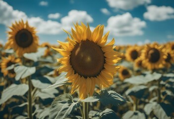 Wall Mural - sky fields sunflower white clouds blue vibrant blossom background yellow green floral beauty beautif