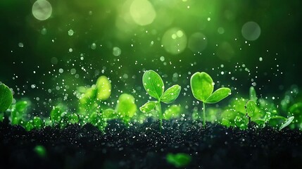 Wall Mural - a lush cluster of green foliage emerges from the earth's surface, dotted with dewy drops of water on