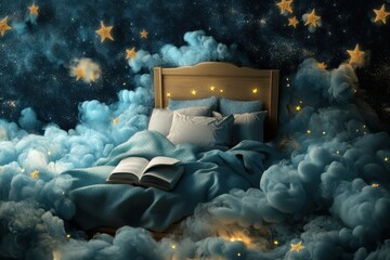 Leinwandbilder - Dreamy bed surrounded by clouds, stars, and books for a soothing nighttime escape