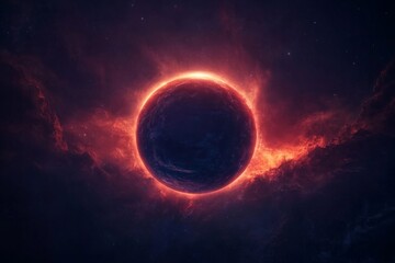 Wall Mural - Retro futurism poster with textured grain effect featuring fiery planetary scene