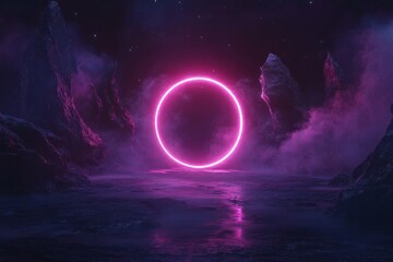 Wall Mural - Neon circular light formation in futuristic landscape with mystical ambiance