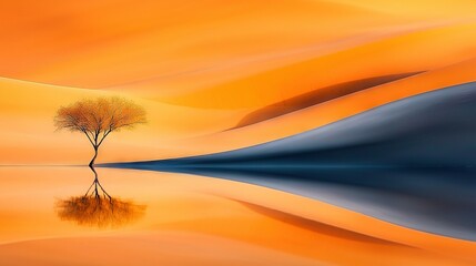 Wall Mural - a tree in a desert landscape with a lake in the foreground and a yellow sky in the background