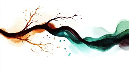 Wall Mural - a tree branch in an abstract painting, emitting green, orange, and brown smoke from its branches