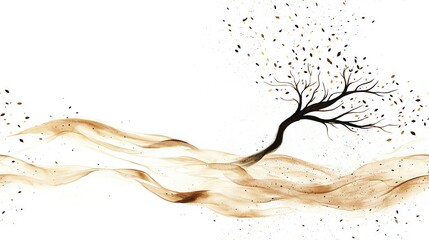 Wall Mural -   A painting of a white tree with leaves blowing on a white background against a blue sky