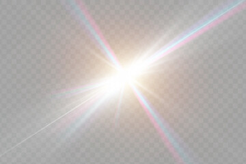 Poster - Crystal star. Crystal ray light, sun shines PNG rainbow red yellow and blue color. Optical fire light effect. Png sparkle shine. Vector lens glare leakage glare reflection effect. Sunlight 