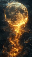 mystical golden moon glowing among sparkling nebula high resolution image