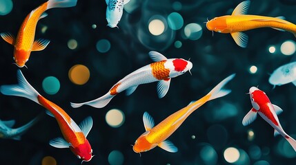 Wall Mural -   A group of gold and white koi fish gracefully swim in a serene pond, surrounded by rippling water bubbles