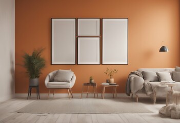 frame poster living modern room background interior scandinavian orange style 3d mock render picture isolated house white gold gallery blank design farmhouse vintage object wall wooden art border