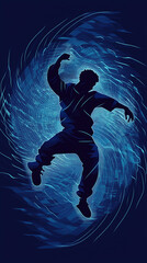 Wall Mural - Silhouette of a breakdancer in a frozen pose with sound waves emitting, flat vector design . Bold solid colors clean outlines