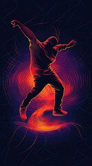 Wall Mural - Silhouette of a breakdancer in a frozen pose with sound waves emitting, flat vector design . Bold solid colors clean outlines