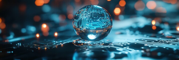 Fototapete - Macro water droplet reflecting digital circuits, showcasing the blend of nature and technology in a captivating visual harmony