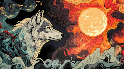 a lone wolf gazes at a stylized sun and moon in a fantastical, abstract landscape of swirling patter