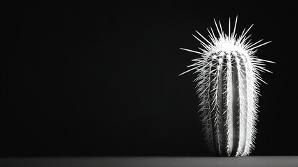Wall Mural -  Black-and-white image of a cactus in a dimly lit space, illuminated by sunlight emanating from above