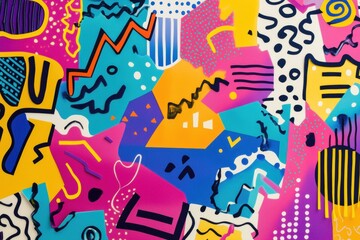 Fototapete - Colorful abstract design featuring Memphis style shapes, zigzags, and squiggles on a vibrant background
