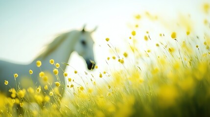 Wall Mural -   A white horse stands amidst yellow flowers, its head blurred in the background