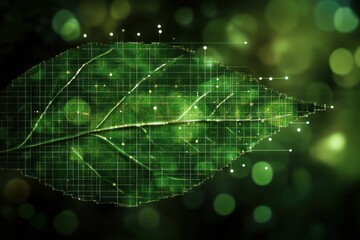 Poster - Green leaf dissolving into digital pixels showcasing the intersection of nature and technology at dusk
